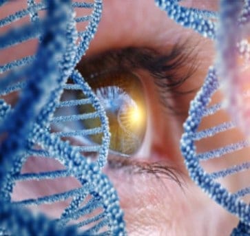 Et øje helt tæt på med illustration af DNA-strenge