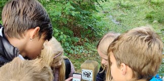 Børn kigger på et skilt, der guider til stisystemer i naturen