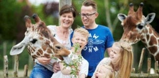 Bag kulisserne i Odense Zoo En glad familie i Odense Zoo sammen med to giraffer.