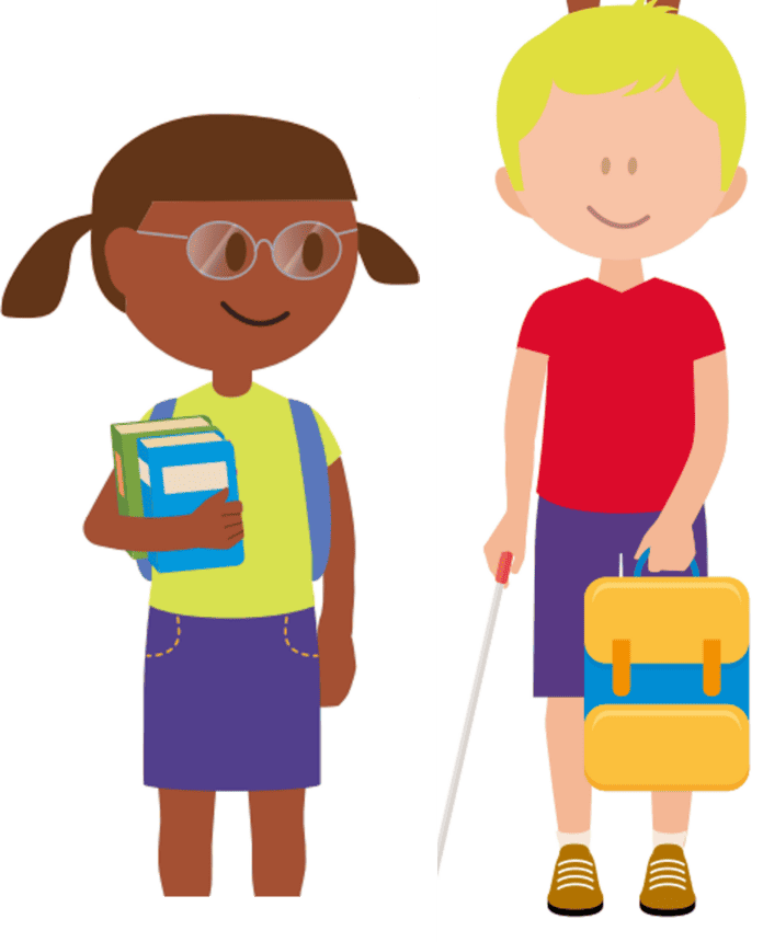 Tegnet illustration af to børn: en pige med briller og skolebøger under armen. Samt en dreng med blindestok og skoletaske