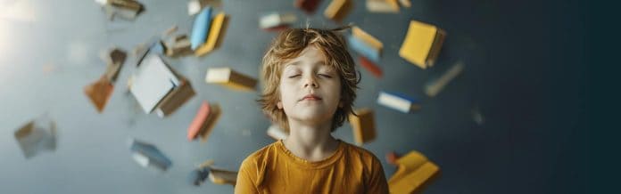 Bagved en dreng med lukkede øjne flyver en masse bøger