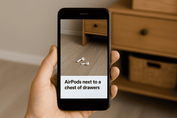 Foto skabt af AI med en hånd, der holder en mobil, hvorpå der står 'Dine Airpods ligger ved kommoden'