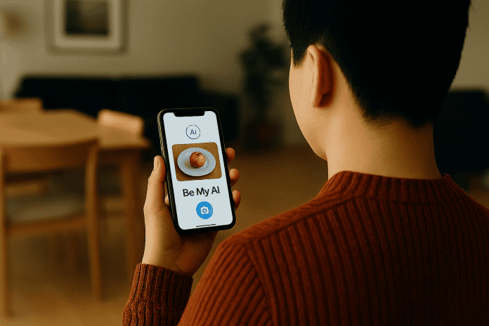 Foto skabt af AI af person, der kigger på sin telefon, hvorpå der står Be My Ai